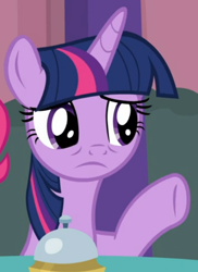 Size: 458x628 | Tagged: safe, screencap, twilight sparkle, alicorn, pony, a trivial pursuit, g4, bell, cropped, dejected, female, frown, sad, solo, twilight sparkle (alicorn)