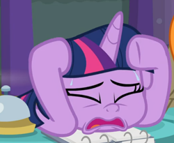 Size: 674x554 | Tagged: safe, screencap, twilight sparkle, alicorn, pony, a trivial pursuit, g4, bell, cropped, eyes closed, female, open mouth, solo, sweat, table, twilight sparkle (alicorn), worried