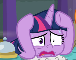 Size: 690x540 | Tagged: safe, screencap, twilight sparkle, alicorn, pony, a trivial pursuit, g4, bell, cropped, female, floppy ears, open mouth, panic, reaction image, shrunken pupils, solo, sweat, table, twilight sparkle (alicorn), worried