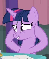 Size: 773x916 | Tagged: safe, screencap, twilight sparkle, alicorn, pony, a trivial pursuit, g4, cropped, female, hoof on head, smiling, solo, twilight sparkle (alicorn)
