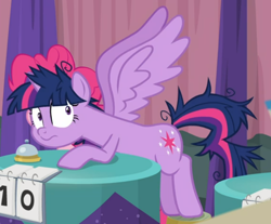Size: 744x615 | Tagged: safe, screencap, twilight sparkle, alicorn, pony, a trivial pursuit, g4, cropped, faic, female, messy mane, messy tail, solo, spread wings, table, twilight snapple, twilight sparkle (alicorn), wings