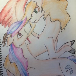 Size: 1080x1080 | Tagged: safe, artist:olyaandspid, oc, oc only, dracony, dragon, hybrid, pegasus, pony, colored hooves, duo, looking at each other, pegasus oc, traditional art, wings