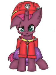 Size: 1080x1440 | Tagged: safe, artist:starflashing twinkle, fizzlepop berrytwist, tempest shadow, pony, unicorn, series:sprglitemplight diary, series:sprglitemplight life jacket days, series:springshadowdrops diary, series:springshadowdrops life jacket days, g4, broken horn, clothes, dress, eye scar, female, hat, horn, looking at you, mare, marshall (paw patrol), paw patrol, scar, simple background, sitting, solo, white background