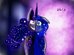 Size: 1080x810 | Tagged: safe, artist:bellas.den, nightmare moon, princess luna, alicorn, pony, g4, crying, duality, ethereal mane, female, mare, signature, smiling, split screen, starry mane