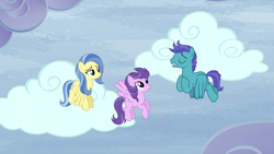 Size: 1280x720 | Tagged: safe, screencap, clear skies, open skies, sunshower, pegasus, pony, g4, tanks for the memories, cloud, female, male, mare, stallion, trio