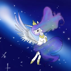 Size: 1080x1079 | Tagged: safe, artist:bellas.den, princess celestia, alicorn, pony, g4, female, flying, hoof shoes, jewelry, mare, peytral, solo, space, stars, tiara