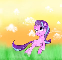 Size: 1080x1044 | Tagged: safe, artist:bellas.den, starlight glimmer, pony, unicorn, g4, cloud, female, grass, looking back, looking up, mare, outdoors, raised hoof, smiling, solo