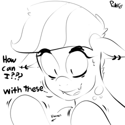 Size: 2000x2000 | Tagged: safe, artist:piedevil4, oc, oc only, oc:ponker, earth pony, pony, bust, ear piercing, high res, lineart, monochrome, piercing, solo, talking