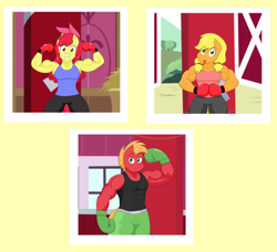 Size: 5440x4968 | Tagged: safe, artist:matchstickman, apple bloom, applejack, big macintosh, earth pony, anthro, matchstickman's apple brawn series, g4, abs, apple bloom's bow, apple brawn, apple siblings, apple sisters, applejacked, armpits, biceps, bow, boxing gloves, brother and sister, clothes, cosplay, costume, deltoids, female, flexing, great macintosh, hair bow, looking at you, male, muscles, pecs, photo, punching bag, siblings, simple background, sisters, sweet apple acres barn, teenager, tongue out, yellow background, younger