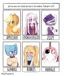 Size: 1004x1200 | Tagged: dead source, safe, applejack, cat, earth pony, fox, human, pony, robot, zebra, anthro, g4, animatronic, anthro with ponies, blushing, bubbles (powerpuff girls), bust, clothes, crossover, danganronpa, eyes closed, female, five nights at freddy's, five nights at freddy's 2, gumball watterson, hat, kyoko kirigiri, mangle, mare, piggy (roblox), raised hoof, roblox, six fanarts, smiling, the amazing world of gumball, the powerpuff girls, upside down, zizzy