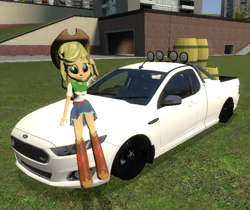 Size: 692x582 | Tagged: safe, artist:didgereethebrony, applejack, equestria girls, g4, 3d, barrels, boots, car, clothes, female, ford, ford falcon, ford falcon xr6, gmod, shoes, skirt, solo, sweat, ute