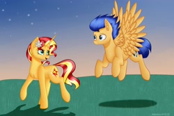 Size: 3000x2000 | Tagged: safe, artist:brilliant-luna, flash sentry, sunset shimmer, pegasus, pony, unicorn, g4, chest fluff, cute, ear fluff, female, flower, flower in hair, flying, high res, male, open mouth, request, ship:flashimmer, shipping, straight, walking