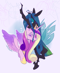 Size: 2377x2875 | Tagged: safe, artist:waackery, princess cadance, queen chrysalis, alicorn, changeling, changeling queen, pony, g4, abstract background, crack shipping, crown, duo, female, heart, high res, horn, jewelry, lesbian, regalia, ship:cadalis, shipping, wings