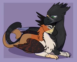 Size: 1251x996 | Tagged: safe, artist:rockin_candies, oc, oc only, griffon, duo, eyes closed, griffon oc, lying down, nuzzling, prehensile tail, shipping, simple background, snuggling, tail hold, wings
