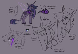 Size: 1395x967 | Tagged: safe, artist:rockin_candies, oc, oc only, oc:nightshade, hybrid, pony, carapace, drool, fangs, female, forked tongue, horn, leonine tail, next generation, open mouth, parent:queen chrysalis, parent:twilight sparkle, parents:twisalis, reference sheet, sketch, solo, teeth, tongue out, wings