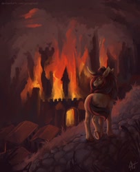 Size: 1280x1576 | Tagged: safe, artist:yarugreat, oc, oc only, oc:terryred, pony, unicorn, alternate universe, curved horn, fire, green fur, green mane, horn, long mane, ruins, ruins of canterlot, solo, unicorn oc, yellow eyes
