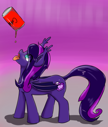 Size: 1494x1756 | Tagged: safe, artist:fluor1te, oc, oc only, oc:amethyst heart, bat pony, pony, coca-cola, ear fluff, floating object, girly, looking up, male, open mouth, simple background, soda, soda can, solo, stallion, tongue out