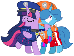 Size: 1262x960 | Tagged: safe, alternate version, artist:徐詩珮, spring rain, twilight sparkle, alicorn, pony, unicorn, series:sprglitemplight diary, series:sprglitemplight life jacket days, series:springshadowdrops diary, series:springshadowdrops life jacket days, g4, alternate universe, background removed, backpack, base used, book, chase (paw patrol), clothes, cute, dress, eyelashes, eyes closed, female, hat, helmet, lesbian, lifeguard, lifeguard spring rain, mare, paw patrol, paw prints, pillow, puffy cheeks, ship:springlight, shipping, side hug, simple background, transparent background, twilight sparkle (alicorn), whistle, wide eyes, zuma (paw patrol)