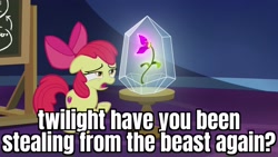 Size: 1920x1080 | Tagged: safe, edit, edited screencap, screencap, apple bloom, earth pony, pony, g4, growing up is hard to do, beauty and the beast, caption, female, flower, image macro, solo, text, wishing flower