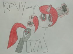 Size: 4160x3120 | Tagged: safe, artist:theunidentifiedchangeling, oc, oc only, oc:revy remilo, pony, unicorn, cutie mark, eye lashes, female, gun, happy, high res, levitation, looking at you, magic, magic aura, name, rifle, simple background, sniper rifle, solo, telekinesis, this will not end well, tongue out, traditional art, walking, weapon, white background
