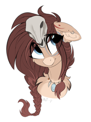 Size: 1863x2472 | Tagged: safe, artist:airfly-pony, oc, oc:ondrea, pegasus, pony, braid, bust, ear piercing, earring, female, jewelry, mare, medallion, piercing, portrait, simple background, skull, white background