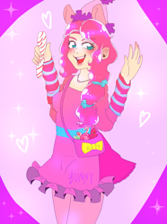 Size: 2515x3384 | Tagged: safe, artist:_no_tarin, artist:bunnyoxo, pinkie pie, human, g4, blushing, candy, candy cane, clothes, digital art, dress, ear piercing, earring, female, food, high res, humanized, jewelry, my little pony cafe, necklace, piercing, pony ears, purse, smiling, solo