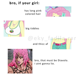 Size: 3543x3543 | Tagged: safe, fluttershy, human, equestria girls, g4, bait and switch, breasts, diavolo, female, high res, jojo's bizarre adventure, male, meme, shitposting