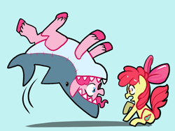 Size: 1600x1200 | Tagged: safe, anonymous artist, apple bloom, pinkie pie, earth pony, pony, g4, alternate cutie mark, backflip, blue background, drawthread, duo, happy, requested art, scared, shark costume, simple background