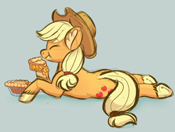 Size: 800x600 | Tagged: safe, anonymous artist, applejack, earth pony, pony, apple, apple pie, colored hooves, cowboy hat, cute, drawthread, ear fluff, eating, eyes closed, female, food, hat, herbivore, jackabetes, mare, pie, prone, simple background, solo, that pony sure does love apples, underhoof, unshorn fetlocks