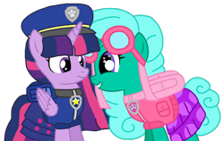 Size: 1440x910 | Tagged: safe, alternate version, artist:徐詩珮, glitter drops, twilight sparkle, alicorn, pony, unicorn, series:sprglitemplight diary, series:sprglitemplight life jacket days, series:springshadowdrops diary, series:springshadowdrops life jacket days, g4, alternate universe, background removed, backpack, base used, chase (paw patrol), clothes, dress, eyelashes, female, goggles, grin, hat, heart eyes, lesbian, mare, paw patrol, paw prints, ship:glitterlight, shipping, simple background, skye (paw patrol), smiling, sweat, sweatdrop, transparent background, twilight sparkle (alicorn), wingding eyes
