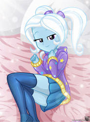 Size: 520x703 | Tagged: safe, alternate version, artist:charliexe, trixie, equestria girls, adorasexy, alternate hairstyle, babysitter trixie, bed, bedroom, bedroom eyes, clothes, cute, diatrixes, female, hoodie, looking at you, pigtails, schrödinger's pantsu, sexy, smiling at you, socks, solo, thigh highs, zettai ryouiki