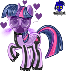 Size: 3840x4154 | Tagged: safe, artist:damlanil, twilight sparkle, alicorn, pony, g4, bedroom eyes, boots, clothes, collar, cutie mark collar, female, floating heart, gas mask, heart, heart eyes, horn, latex, looking at you, makeup, mare, mask, raised hoof, rubber, rubber drone, shiny, shiny mane, shoes, show accurate, simple background, solo, transformation, transparent background, twilight sparkle (alicorn), vector, wingding eyes, wings