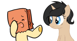 Size: 1061x569 | Tagged: safe, artist:justisanimation, artist:paperbagpony, oc, oc:justis, oc:paper bag, earth pony, pony, unicorn, animated, blushing, face on a bag, paper bag