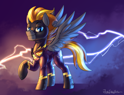Size: 2454x1878 | Tagged: safe, artist:jedayskayvoker, oc, oc only, oc:blaze (shadowbolt), pegasus, pony, clothes, costume, glasses, goggles, latex, latex suit, lidded eyes, lightning, looking at you, male, raised hoof, shadowbolts, shadowbolts costume, signature, smiling, smirk, smug, solo, spread wings, stallion, wings