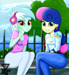 Size: 2400x2618 | Tagged: safe, artist:theretroart88, bon bon, lyra heartstrings, sweetie drops, equestria girls, g4, bench, clothes, duckface, duo, high res, looking at you, sitting, tree