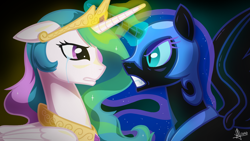 Size: 1280x720 | Tagged: safe, artist:whitequartztheartist, nightmare moon, princess celestia, alicorn, pony, g4, black background, crying, female, glowing horn, horn, magic, mare, siblings, simple background, sisters