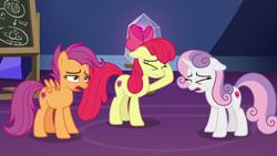 Size: 1920x1080 | Tagged: safe, screencap, apple bloom, scootaloo, sweetie belle, g4, growing up is hard to do, cutie mark, cutie mark crusaders, older, the cmc's cutie marks