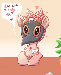 Size: 2042x2510 | Tagged: safe, artist:confetticakez, oc, oc only, oc:cinnamon spangled, earth pony, pony, bandana, blushing, bow, chest fluff, desk, dialogue, female, heart, high res, mare, mask, name tag, plague doctor mask, plant, secretary, simple background, solo