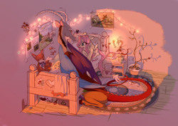 Size: 4093x2894 | Tagged: safe, artist:shore2020, discord, fluttershy, rainbow dash, cat, lemur, pegasus, pony, g4, bed, bedroom, book, discord lamp, easter egg (media), female, male, plant pot, plushie, rug, ship:discoshy, shipping, straight, tree