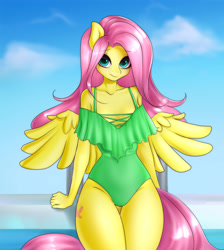 Size: 2684x3000 | Tagged: safe, artist:yutakira92, fluttershy, pegasus, anthro, adorasexy, breasts, cleavage, clothes, cute, female, legs together, one-piece swimsuit, sexy, shyabetes, sky, solo, swimsuit, wings