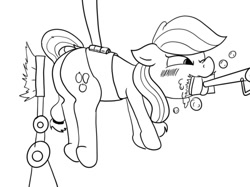 Size: 750x561 | Tagged: safe, artist:rusticanon, applejack, earth pony, pony, g4, abuse, blushing, bondage, butt, female, jackabuse, lie detector, mare, monochrome, mouth soaping, plot, solo, spanking, spanking machine, suspended, the practical pig