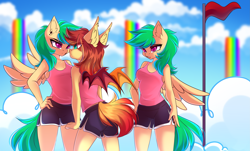 Size: 4555x2760 | Tagged: safe, artist:airiniblock, oc, oc only, oc:cloud skipper, oc:sky rider, oc:sundown, bat pony, pegasus, anthro, rcf community, angry, bat pony oc, bat wings, breasts, clothes, cloud, cloudsdale, commission, ear piercing, eye contact, female, flag, flag pole, frown, green eyes, green mane, green tail, gym shorts, hand on hip, looking at each other, nervous, open mouth, orange mane, orange tail, pegasus oc, piercing, pink eyes, rainbow waterfall, red eyes, red flag, shirt, shorts, side slit, sky, sports shorts, sporty style, spread wings, t-shirt, tank top, teal eyes, trio, trio female, twins, unamused, wings