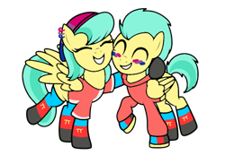 Size: 638x468 | Tagged: safe, artist:icicle-niceicle-1517, artist:kb-gamerartist, color edit, edit, barley barrel, pickle barrel, pegasus, pony, g4, alternate hairstyle, barrel twins, beanie, bisexual pride flag, brother and sister, clothes, collaboration, colored, ear piercing, earring, eyes closed, face paint, female, grin, hat, headcanon, hoodie, hug, jewelry, lgbt headcanon, male, mare, older, older barley barrel, older pickle barrel, piercing, polyamory pride flag, pride, pride flag, pride socks, raised hoof, raised leg, sexuality headcanon, shirt, siblings, simple background, smiling, socks, stallion, striped socks, t-shirt, thigh highs, transparent background, twins
