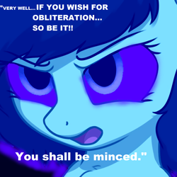 Size: 1920x1920 | Tagged: safe, artist:mellow91, artist:smoldix, edit, oc, oc only, oc:filly anon, oc:tempesta, pony, black background, bust, chest fluff, close-up, cropped, dialogue, female, filly, frown, furrowed brow, glowing eyes, open mouth, possessed, simple background, solo, text, white text