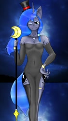 Size: 720x1280 | Tagged: safe, artist:omizu, princess luna, alicorn, anthro, g4, clothes, dress, eyeshadow, female, gloves, hat, jewelry, makeup, necklace, one eye closed, scepter, solo, wink