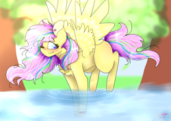 Size: 1546x1096 | Tagged: safe, artist:shinningblossom12, oc, oc only, pony, blushing, chest fluff, ear piercing, flying, one eye closed, outdoors, piercing, pond, solo, tree, water, wink