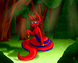 Size: 1424x1150 | Tagged: safe, artist:midnightfire1222, oc, oc only, oc:will guide, lamia, original species, pony, snake, snake pony, unicorn, commission, forest, smiling, solo, sunlight