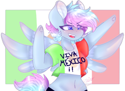 Size: 1492x1093 | Tagged: safe, artist:shinningblossom12, oc, oc only, oc:shinning blossom, pegasus, anthro, :d, arm hooves, blushing, clothes, female, mexico, pegasus oc, simple background, smiling, solo, transparent background, underhoof, wings
