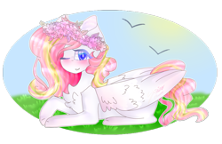 Size: 1687x1093 | Tagged: safe, artist:shinningblossom12, oc, oc only, bird, pegasus, pony, blushing, chest fluff, floral head wreath, flower, one eye closed, pegasus oc, simple background, smiling, solo, transparent background, wings, wink