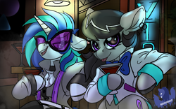 Size: 1920x1200 | Tagged: safe, artist:brainiac, derpibooru exclusive, dj pon-3, octavia melody, vinyl scratch, earth pony, pony, unicorn, g4, alcohol, bar, chest fluff, clothes, dexterous hooves, drink, duo, ear piercing, earring, implied lesbian, implied shipping, jewelry, piercing, tongue out